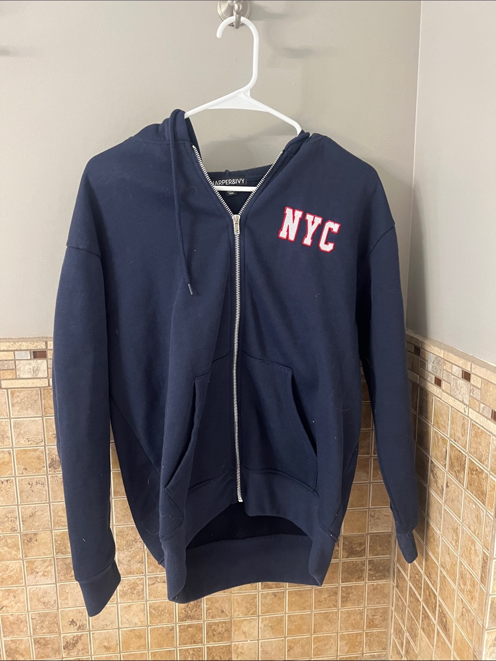 Navy Zip-Up Hoodie with NYC Patch - Unbranded